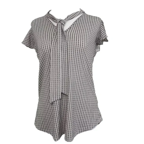 Adrianna Papell Tie Neck Blouse S Black Cream Geometric Flutter Sleeve NWT - Picture 4 of 14